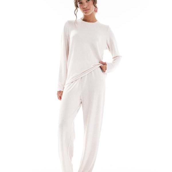 Loungeable ゆったりとしたマール起毛リブのオートミールメランジの長袖トップスとパンツのセット トッ..