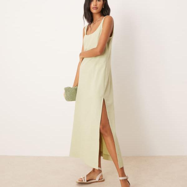 エイソス ASOS asos ASOS DESIGN スクープネック コットンリネン ミディドレス（セージ） ワンピース ..