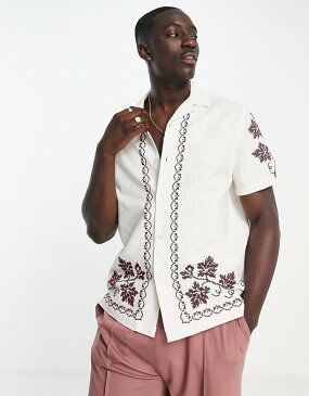 エイソス ASOS asos ASOS DESIGNは、織り目加工のコットンに花柄のボーダーが刺繍されたリラックスしたレヴェレシャツです。 トップス メンズ 男性 インポートブランド 小さいサイズから大きいサイズまで