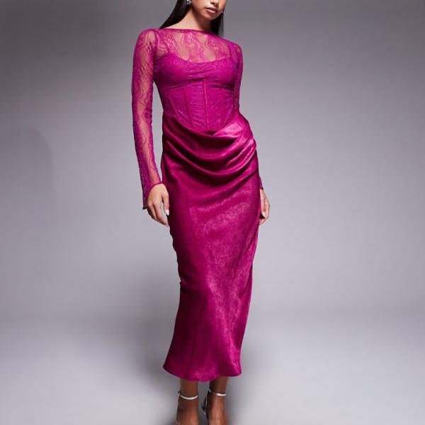 エイソス ASOS asos ASOS DESIGN レース ロングスリーブ ハイネック マキシドレス、ベルベット ドレー..