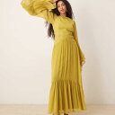 エイソス ASOS asos ASOS DESIGNのクロスステッチウエストディテール付き長袖シフォンマキシ丈ソフトオリーブグリーン トップス レディース 女性 インポートブランド 小さいサイズから大きいサイズまで