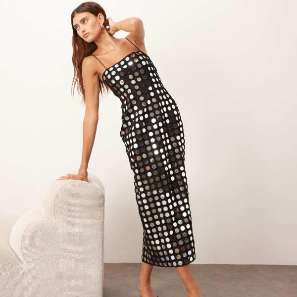 ARRANGE ミラー装飾キャミコラムミディドレス（ブラック） ワンピース レディース 女性 インポートブラ..