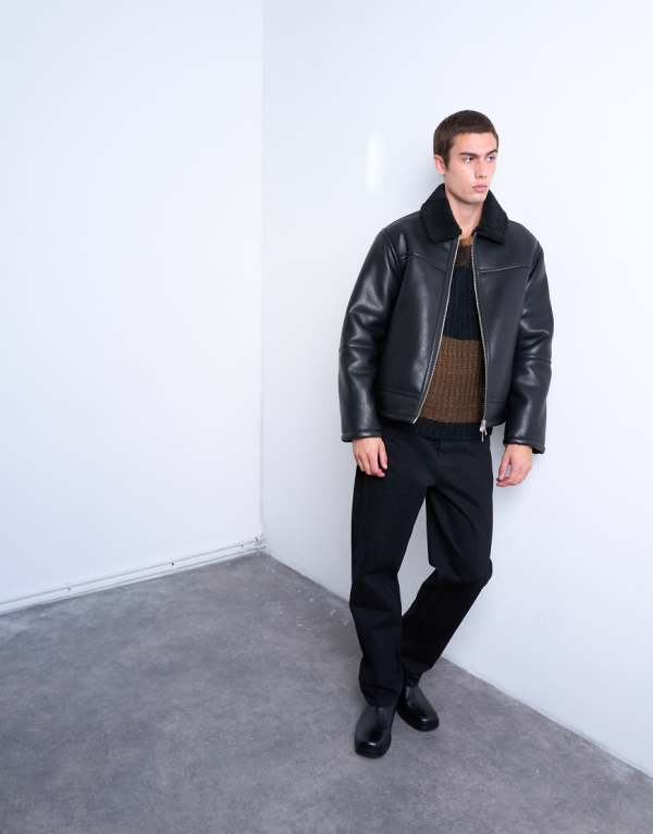 トップマン Topman TOPMAN トップマンのフェイクシアリングジャケット（ジップポケット付き、ブラック） アウター メンズ 男性 インポートブランド 小さいサイズから大きいサイズまで