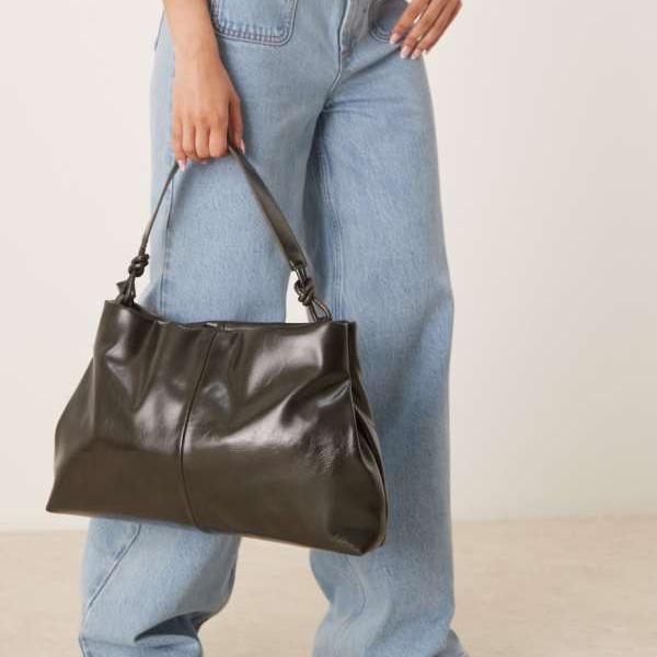 エイソス ASOS asos ASOS DESIGNのミッドサイズトートバッグ（ノットハンドル付き、ダークグリーン） ..