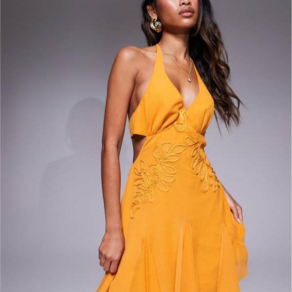 エイソス ASOS asos ASOS DESIGNの刺繍入りゴデット付きホルターミニドレス(明るいオレンジ) ワンピース レディース 女性 インポートブランド 小さいサイズから大きいサイズまで