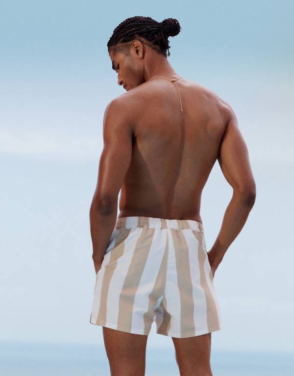 エイソス ASOS asos ASOS DESIGNのショート丈コーデュロイスイムショーツ（ニュートラルストライプ） 水着 メンズ 男性 インポートブランド 小さいサイズから大きいサイズまで