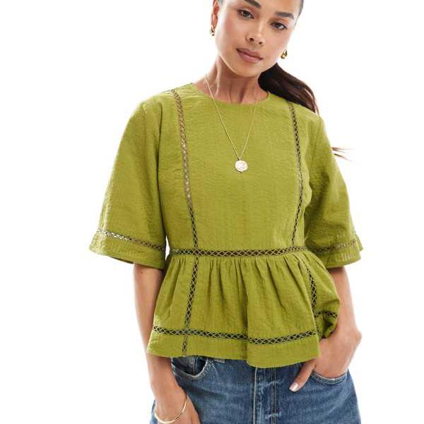 エイソス ASOS asos ASOS DESIGNのテクスチャードパフスリーブトップス（グリーン）