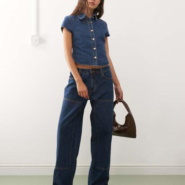 ライオネス アンカー コントラストステッチパネルディテール ワイドレッグジーンズ コーデ ミッドブル..