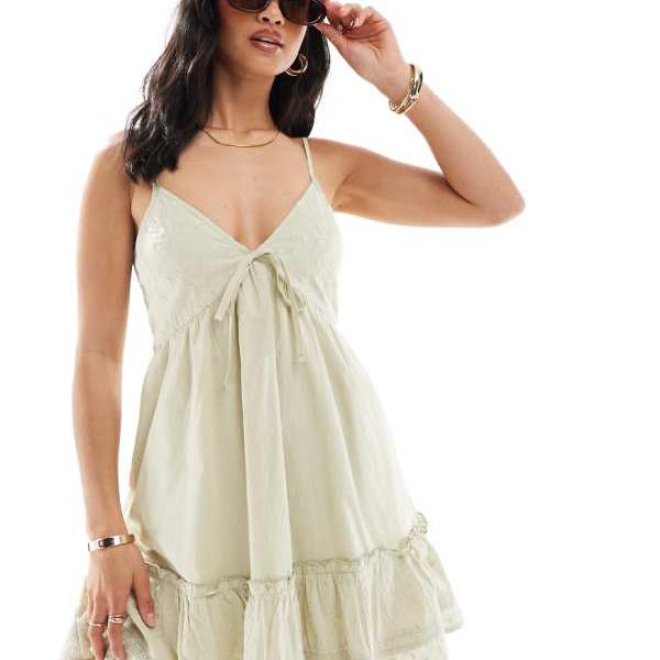 ミスセルフリッジ Miss Selfridge ミスセルフリッジプチブロデリーミックスミニサンドレス（セージグリ..