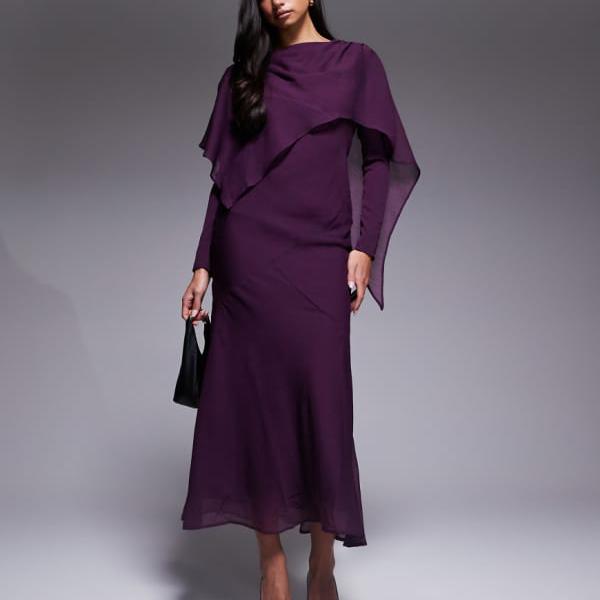 エイソス ASOS asos ASOS DESIGN 長袖 アシンメトリー ケープ オーバーレイ マキシドレス（プラム） ト..