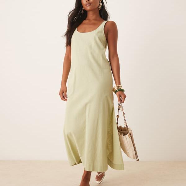 エイソス ASOS asos ASOS DESIGN プチ スクープネック コットンリネン ミディドレス（セージ） ワンピ..