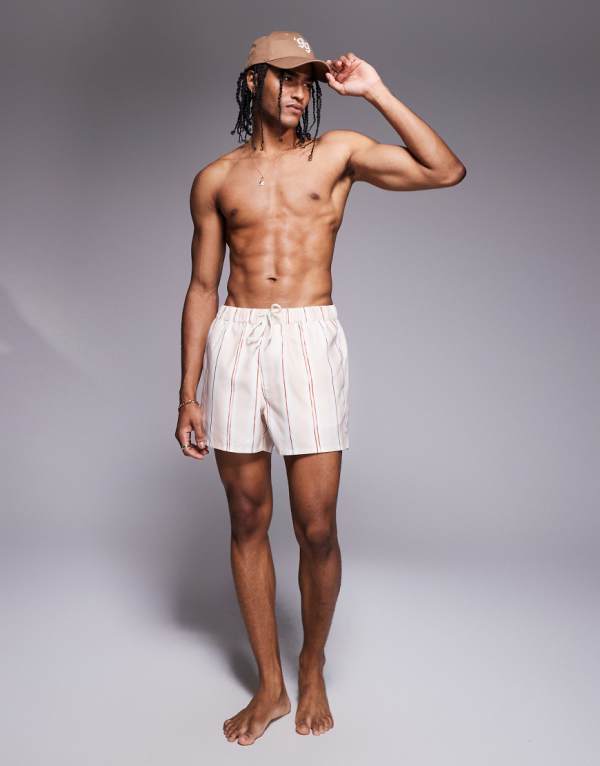 エイソス ASOS asos ASOS DESIGNのショート丈スイムショーツ（ピンクのテクスチャストライプ） 水着 メンズ 男性 インポートブランド 小さいサイズから大きいサイズまで