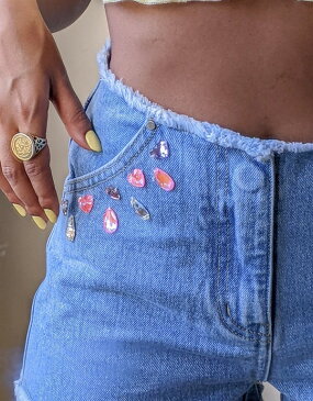 Labelrail xポーズ&リピート擦り切れた裾デニムショーツ、ディアマンテフラワーディテール、ライトウォッシュ パンツ ボトム レディース 女性 インポートブランド 小さいサイズから大きいサイズまで