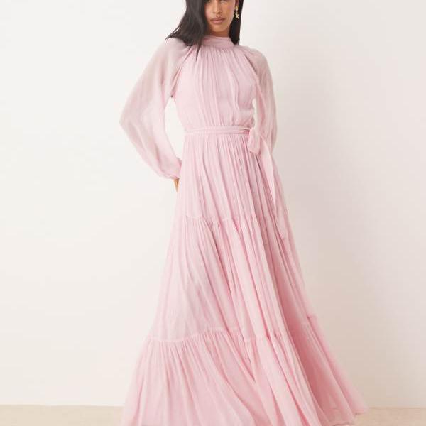 Lace & Beads レース＆ビーズのバルーンスリーブティアードマキシドレス（パウダーピンク） ワンピース..