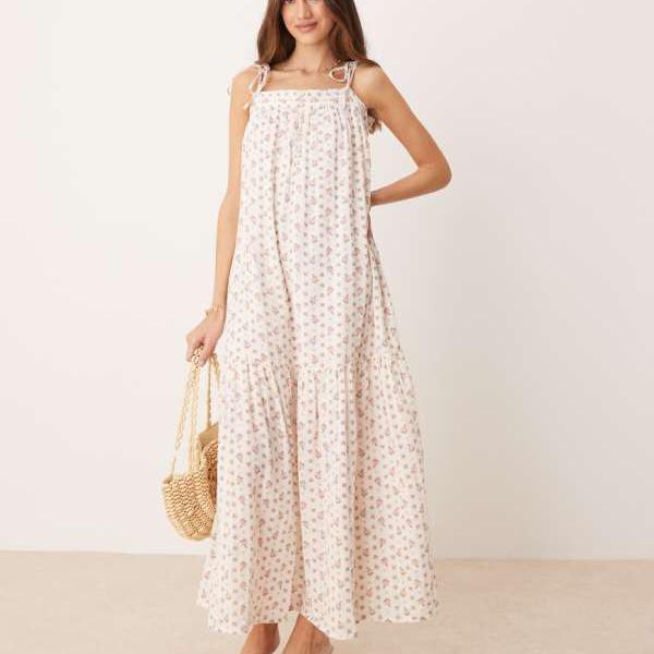 YAS タイショルダー ボヘミアン スモック マキシドレス（ディッツィーピンクの花柄） ワンピース レデ..