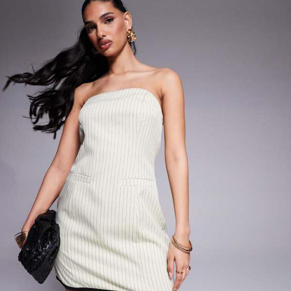 カイアのピンストライプコントラストトリムのバンドゥミニドレス（クリーム色） ワンピース レディース 女性 インポートブランド 小さいサイズから大きいサイズまで(4)