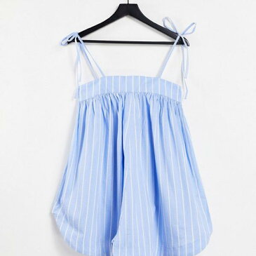 エイソス ASOS asos ASOSDESIGNネクタイショルダーシアサッカースイングプレイスーツブルーホワイトストライプ オールインワン レディース 女性 インポートブランド 小さいサイズから大きいサイズまで
