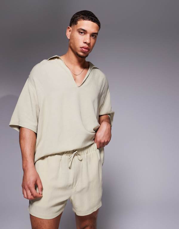 エイソス ASOS asos ASOS DESIGN リネン混ショートパンツ（ショート丈、ブラウン） パンツ ボトム メンズ 男性 インポートブランド 小さいサイズから大きいサイズまで