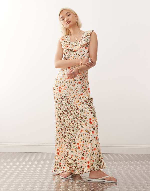 リクレイムドヴィンテージ Reclaimed Vintage フリルネックの花柄プリントのヴィンテージマキシティードレス ワンピース レディース 女性 インポートブランド 小さいサイズから大きいサイズまで