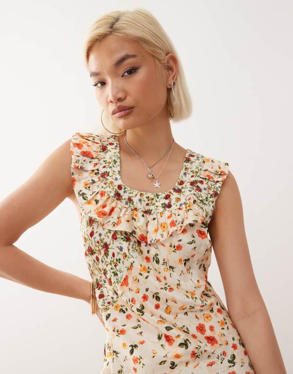 リクレイムドヴィンテージ Reclaimed Vintage フリルネックの花柄プリントのヴィンテージマキシティードレス ワンピース レディース 女性 インポートブランド 小さいサイズから大きいサイズまで