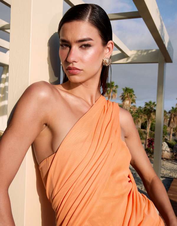 エイソス ASOS asos ASOS DESIGN スキューバ バンドゥ ミニドレス（メッシュオーバーレイとツイストスカート付き、オレンジ） ワンピース レディース 女性 インポートブランド 小さいサイズから大きいサイズまで