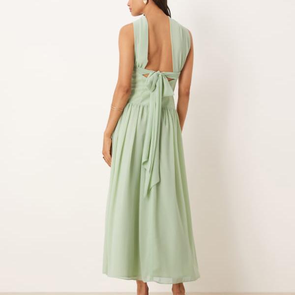 エイソス ASOS asos ASOS DESIGN スカーフタイバックドロップウエストミディドレス（セージグリーン） ..