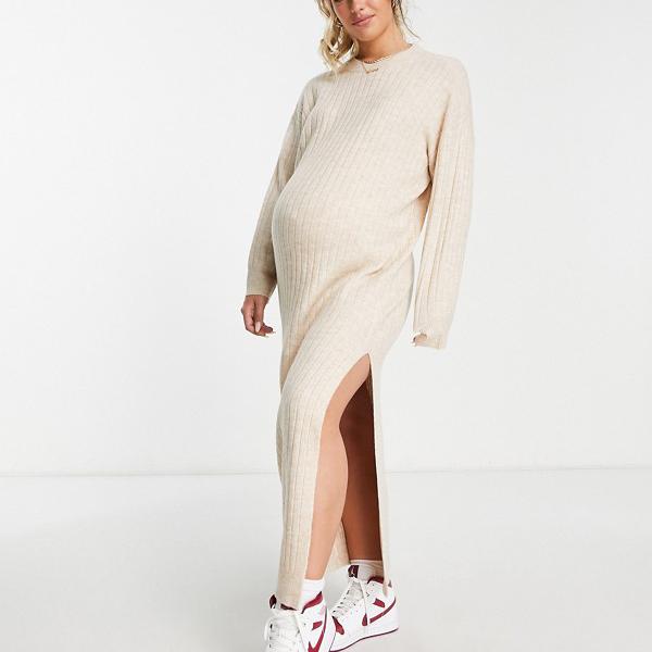 エイソス ASOS asos ASOS DESIGN マタニティ ニット マキシドレス サイドスプリット オートミールのワイドリブ ワンピース レディース 女性 インポートブランド 小さいサイズから大きいサイズまで