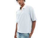 リバーアイランド River Island RIVER ISLAND リバーアイランドのブルーシアサッカーオープンカラーポロシャツ トップス メンズ 男性 インポートブランド 小さいサイズから大きいサイズまで