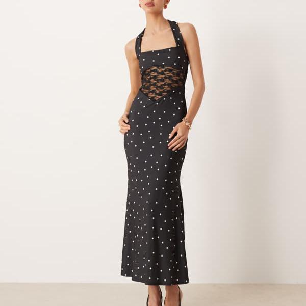Rakuten - エイソス ASOS asos ASOS DESIGN プリント柄ホルターネックマキシドレス（水玉模様のレースインサート付き） ワンピース レディース 女性 インポートブランド 小さいサイズから大きいサイズまで