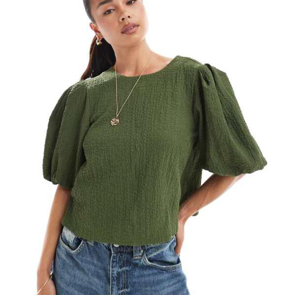 エイソス ASOS asos ASOS DESIGN クリンクル生地 パフスリーブ トップス（カーキ