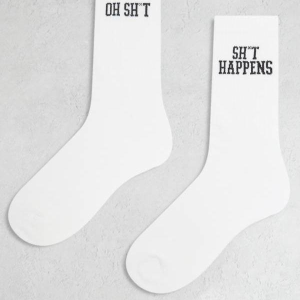 エイソス ASOS asos ASOS DESIGN 2足組ソックス(ホワイト、罵倒語グラフィック入り) 靴下 ボトム メンズ 男性 インポートブランド