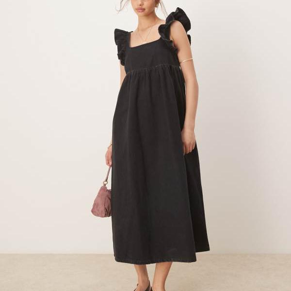 エイソス ASOS asos ASOS DESIGN デニムスモック マキシドレス(リボン付き、ブラック) ワンピース レディース 女性 インポートブランド 小さいサイズから大きいサイズまで