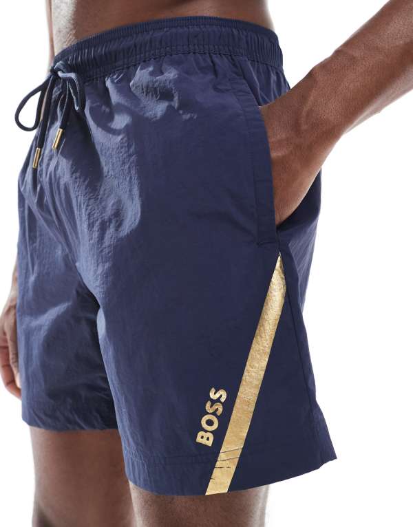 ネイビーとゴールドのボス・ローマン スイムショーツ 水着 メンズ 男性 インポートブランド 小さいサイズから大きいサイズまで
