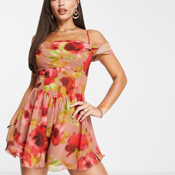 エイソス ASOS asos ASOS DESIGN トール コルセット ディテール カウル ネック プレイスーツ、ぼやけた花柄 オールインワン レディース 女性 インポートブランド 小さいサイズから大きいサイズまでのサムネイル