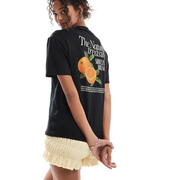 ピンキー Pimkie Pimkie オレンジバックプリントオーバーサイズTシャツ（ブラック） トッ