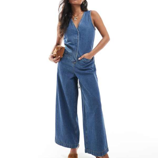 エイソス ASOS asos ASOS DESIGN プチデニム ノースリーブ ルーズジャンプスーツ(ミッドウォッシュブルー) オールインワン レディース 女性 インポートブランド 小さいサイズから大きいサイズまで