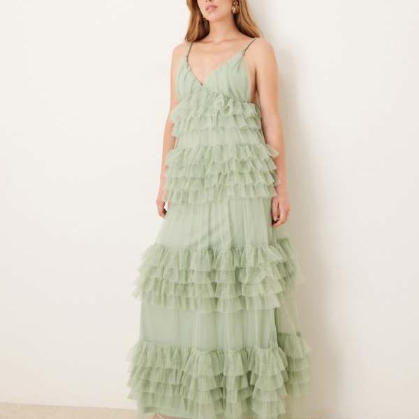 YAS ステートメントティアードチュールマキシドレス（セージグリーン） ワンピース レディース 女性 イ..