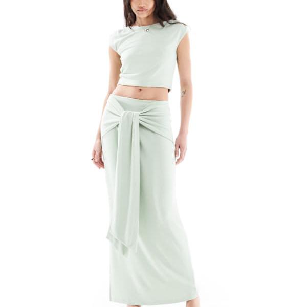 4th & Reckless ダブルレイヤー スリンキー ドレープ タイウエスト マキシスカート コーデ セージ スカ..