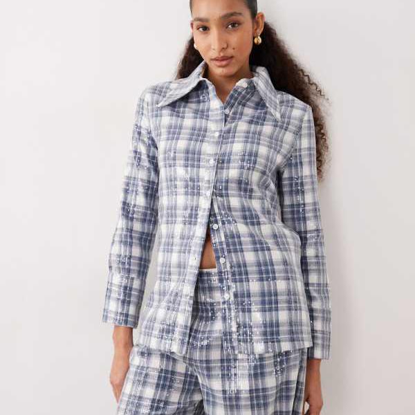 ゴスペル マヤ スパンコール シャツ（ブルー タータン プリント コーデ） トップス レディース 女性 イ..