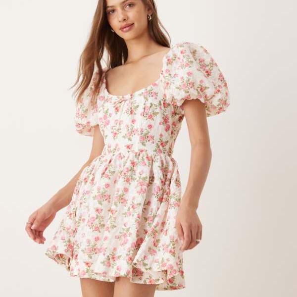 For Love & Lemonsのパフスリーブミルクメイドミニドレス（ホワイトフローラル） ワンピース レディー..