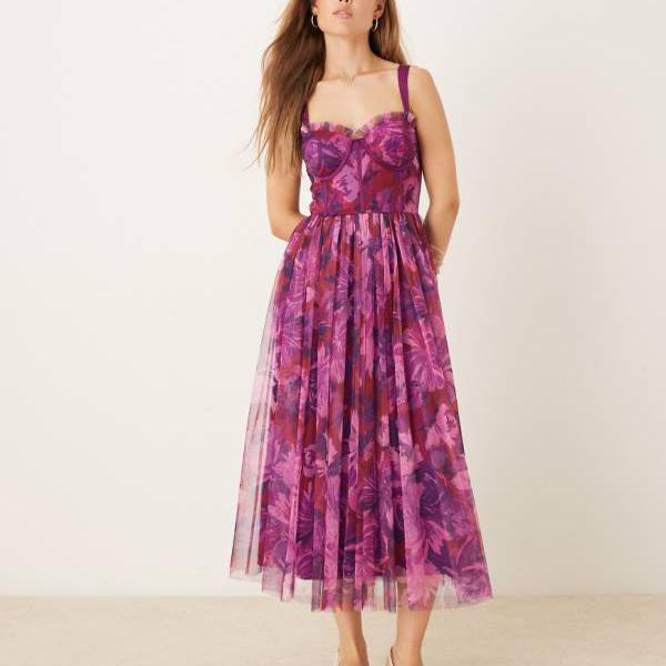 Lace & Beads 鮮やかなピンクのぼかし模様の花柄のレース＆ビーズコルセットチュールマキシドレス ワンピース レディース 女性 インポートブランド 小さいサイズから大きいサイズまで