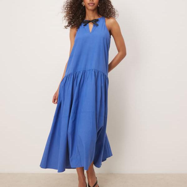 ゴスペルのブルーのコントラストリボン付きティアードミディドレス ワンピース レディース 女性 インポ..