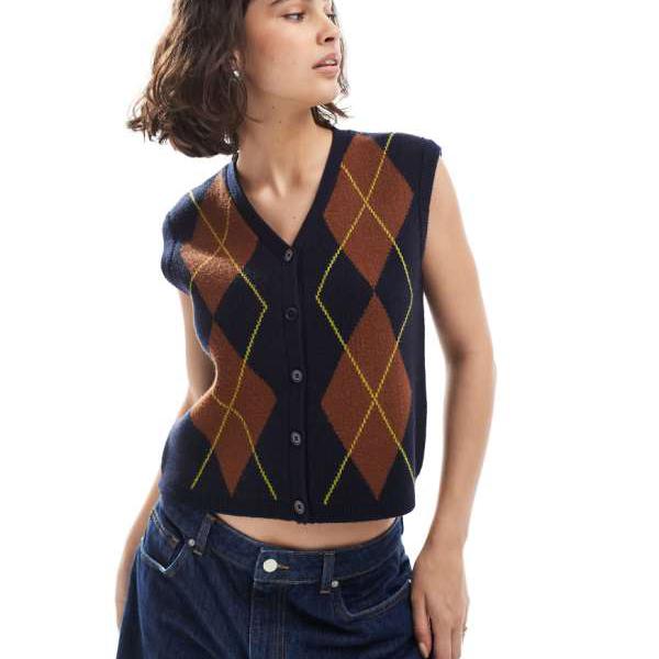 エイソス ASOS asos ASOS DESIGNのボックス型アーガイルウエストコート(ネイビー) トップス レディース 女性 インポートブランド 小さいサイ...