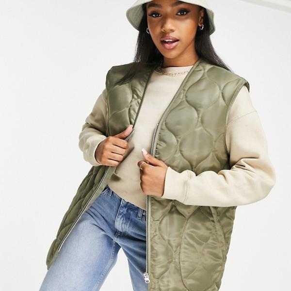 エイソス ASOS asos ASOS DESIGN ナイロン オニオン キルティング ジレ、ライト カーキ トップス レディース 女性 インポートブランド 小さいサイズから大きいサイズまで