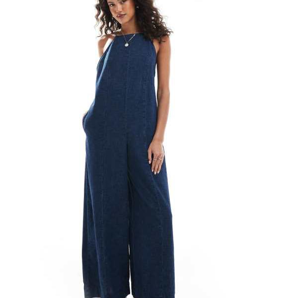 エイソス ASOS asos ASOS DESIGN ソフトデニム パラッツォ ホルターネック ジャンプスーツ(リンス) オールインワン レディース 女性 インポートブランド 小さいサイズから大きいサイズまで