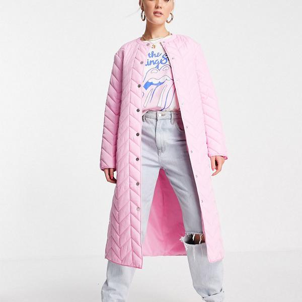 ピーシーズ Pieces ピンクのピースロングラインネクタイウエストキルティングジャケット アウター レディース 女性 インポートブランド 小さいサイズから大きいサイズまで