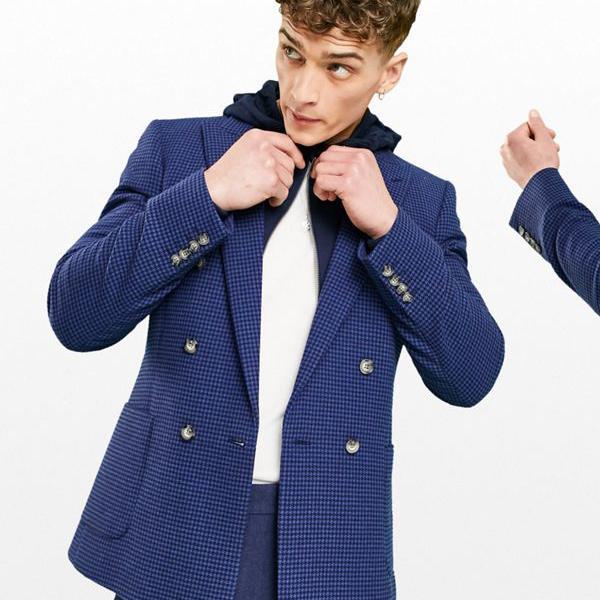 エイソス ASOS asos ASOSDESIGNスーパースキニーダブルブレストウールミックスブレイザーとネイビーの子犬の歯 アウター メンズ 男性 インポートブランド 小さいサイズから大きいサイズまで
