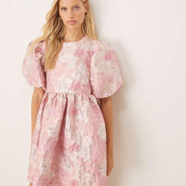 楽天セレクトショップ　Diva　ClosetDream Sister Janeのジャカードパフスリーブミニドレス（ピンクフローラル） ワンピース レディース 女性 インポートブランド 小さいサイズから大きいサイズまで