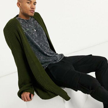 エイソス ASOS asos ASOSDESIGNカーキの特大ニットリブカーディガン トップス メンズ 男性 インポートブランド 小さいサイズから大きいサイズまで