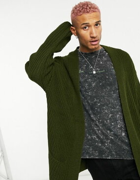 エイソス ASOS asos ASOSDESIGNカーキの特大ニットリブカーディガン トップス メンズ 男性 インポートブランド 小さいサイズから大きいサイズまで